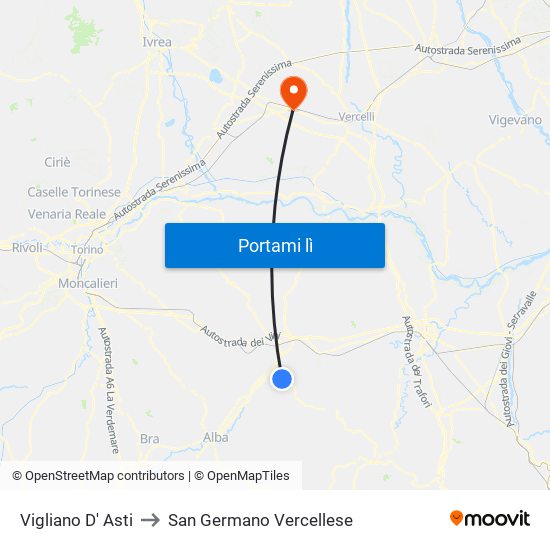 Vigliano D' Asti to San Germano Vercellese map