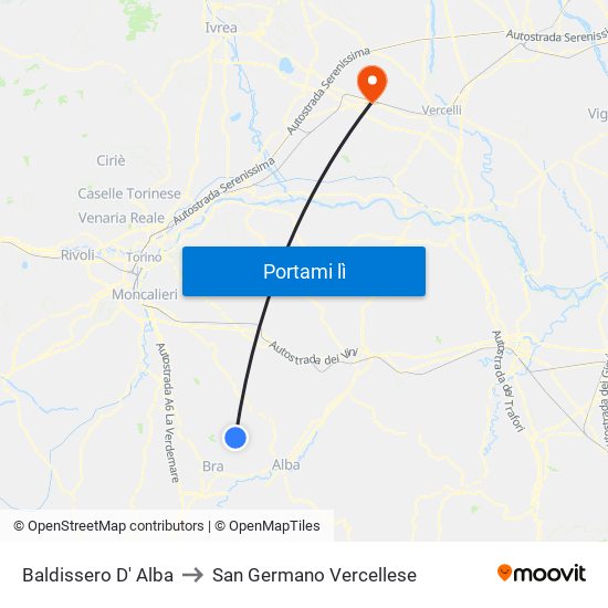 Baldissero D' Alba to San Germano Vercellese map