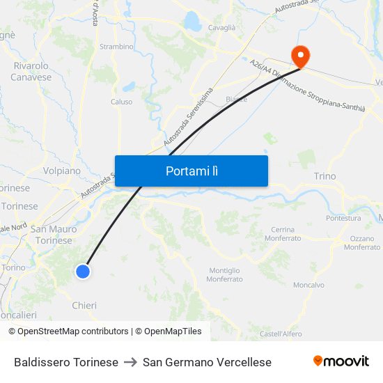 Baldissero Torinese to San Germano Vercellese map