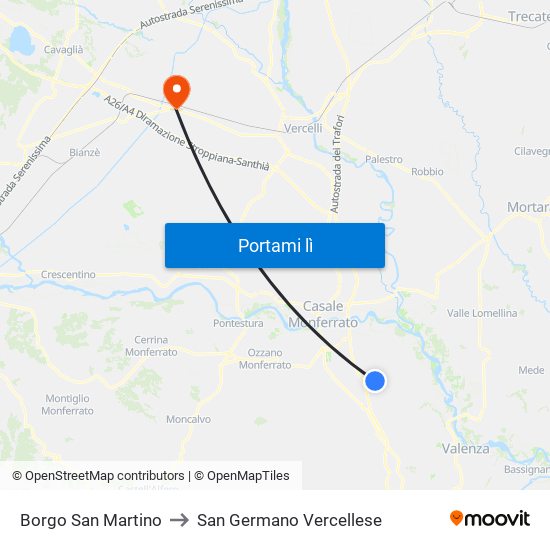 Borgo San Martino to San Germano Vercellese map