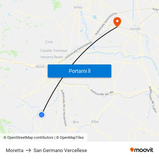 Moretta to San Germano Vercellese map