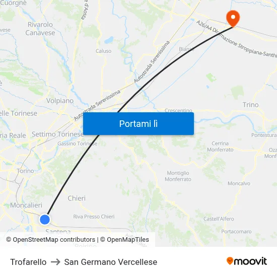 Trofarello to San Germano Vercellese map