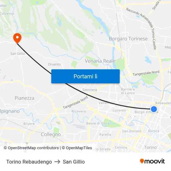 Torino Rebaudengo to San Gillio map