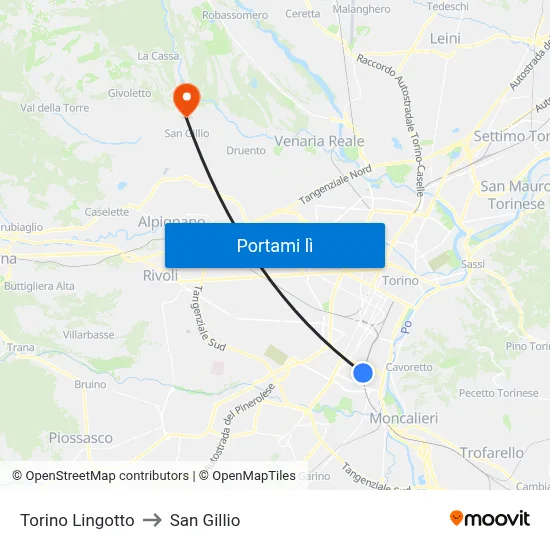 Torino Lingotto to San Gillio map