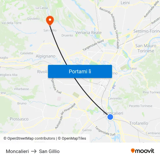Moncalieri to San Gillio map