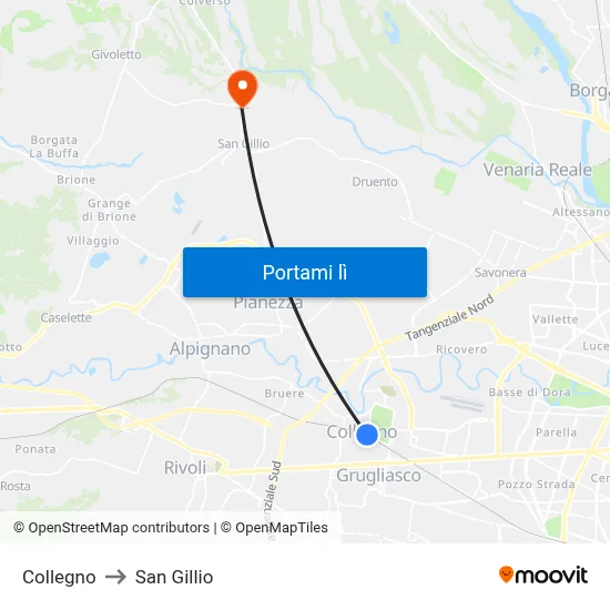 Collegno to San Gillio map