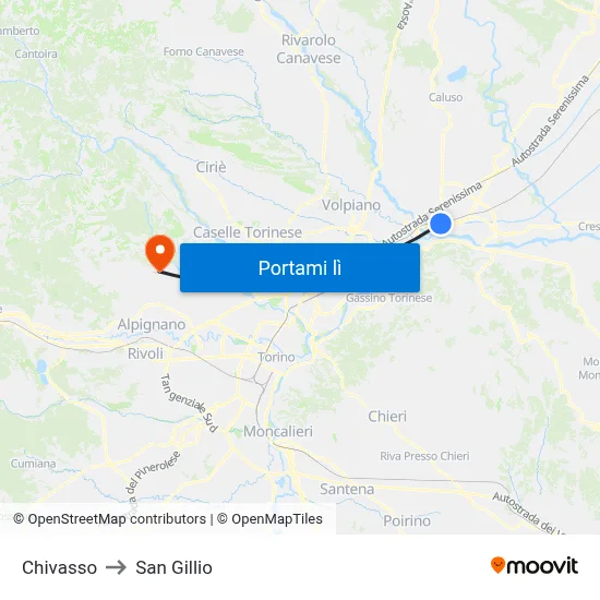 Chivasso to San Gillio map