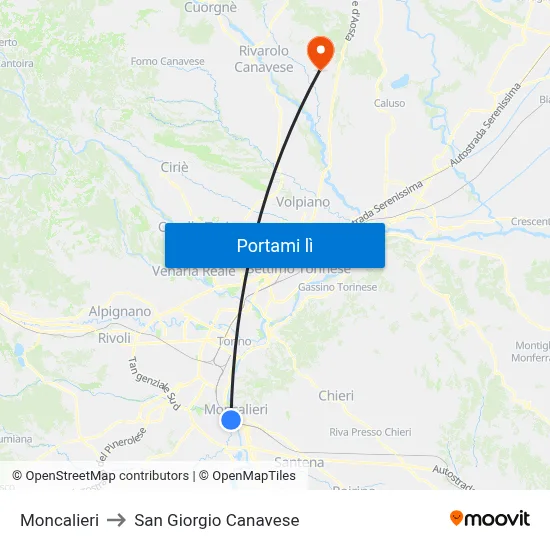Moncalieri to San Giorgio Canavese map