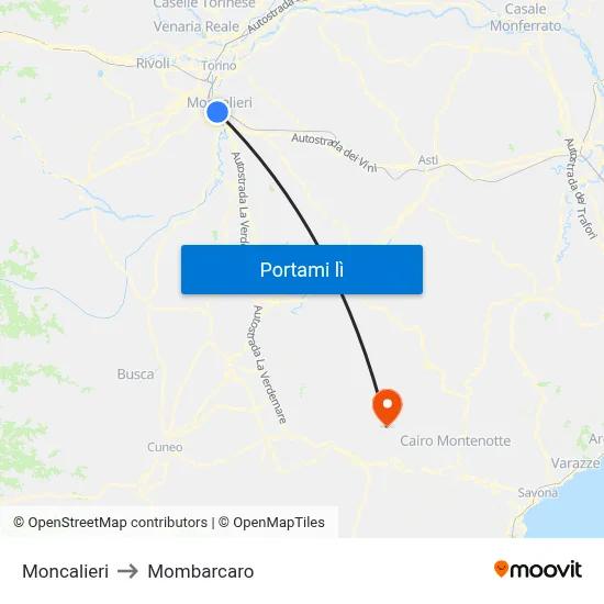 Moncalieri to Mombarcaro map