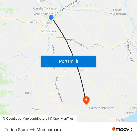 Torino Stura to Mombarcaro map