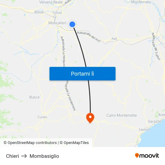 Chieri to Mombasiglio map