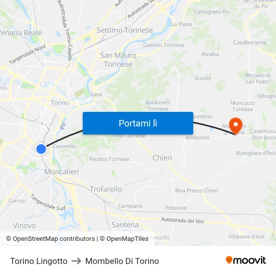 Torino Lingotto to Mombello Di Torino map