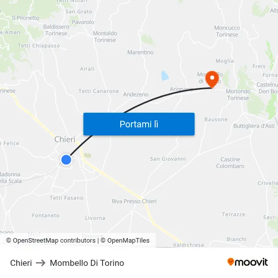 Chieri to Mombello Di Torino map