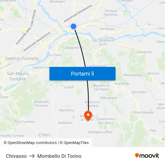 Chivasso to Mombello Di Torino map