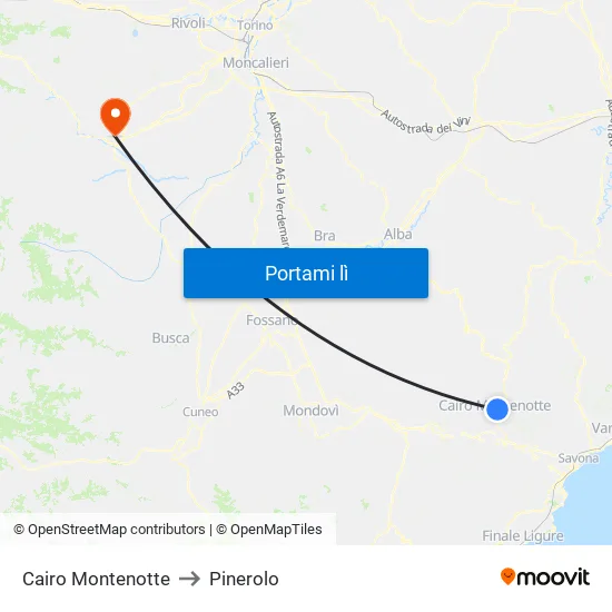 Cairo Montenotte to Pinerolo map