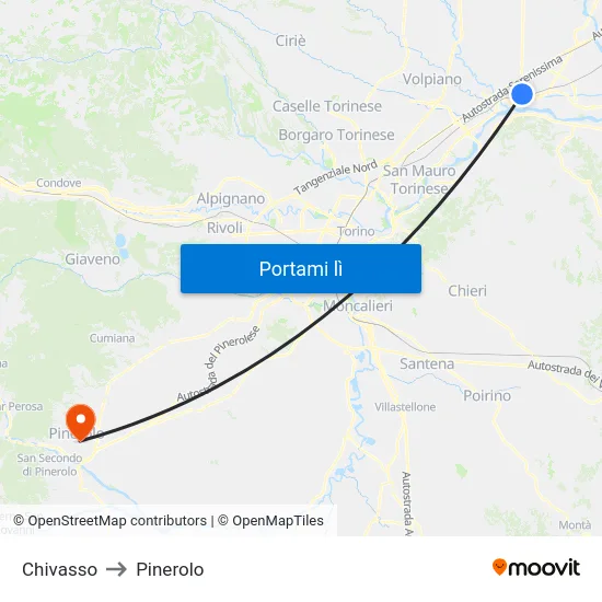 Chivasso to Pinerolo map