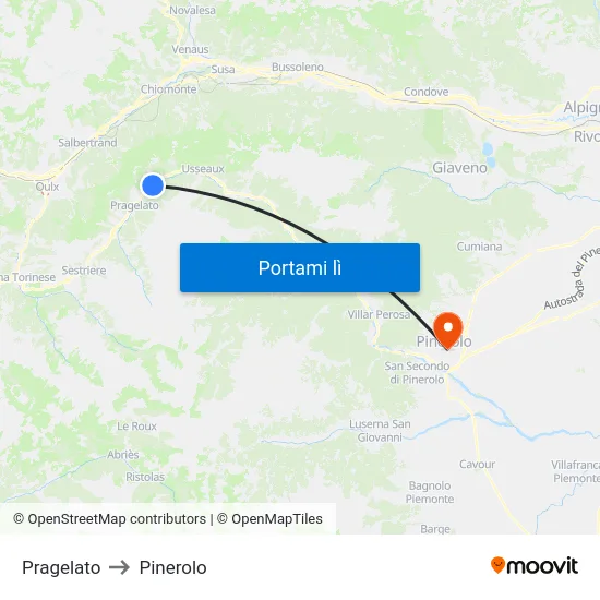 Pragelato to Pinerolo map