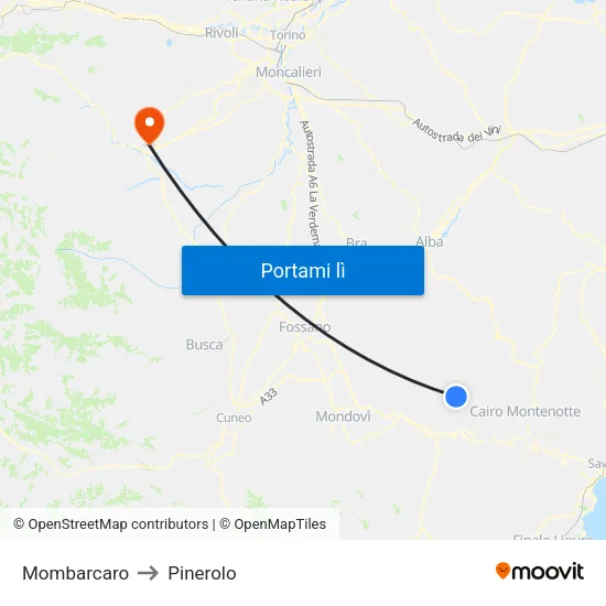 Mombarcaro to Pinerolo map