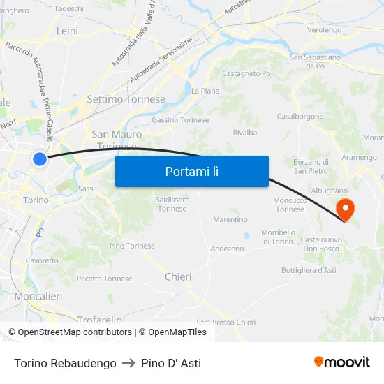 Torino Rebaudengo to Pino D' Asti map