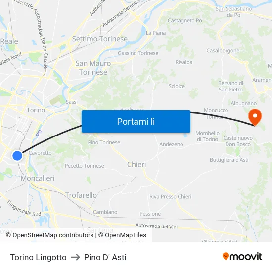 Torino Lingotto to Pino D' Asti map