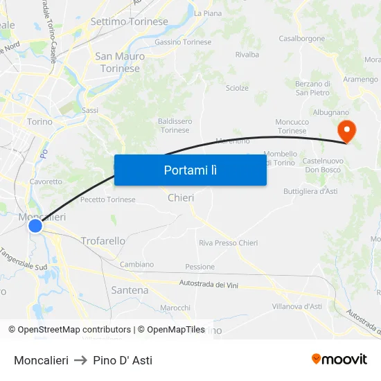 Moncalieri to Pino D' Asti map