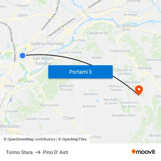 Torino Stura to Pino D' Asti map
