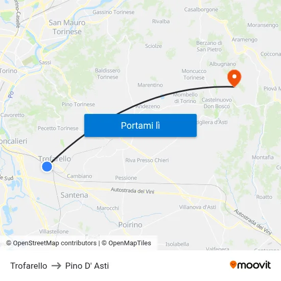 Trofarello to Pino D' Asti map