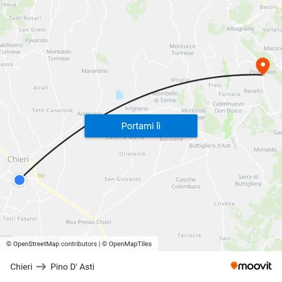 Chieri to Pino D' Asti map
