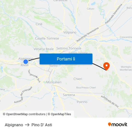 Alpignano to Pino D' Asti map
