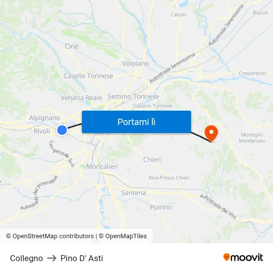 Collegno to Pino D' Asti map