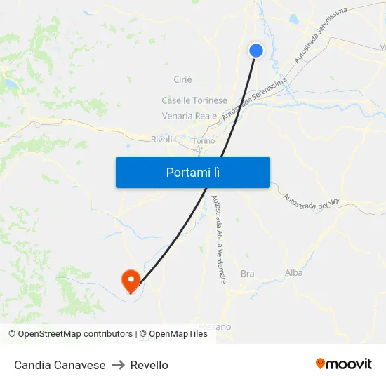 Candia Canavese to Revello map