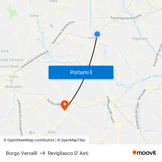 Borgo Vercelli to Revigliasco D' Asti map