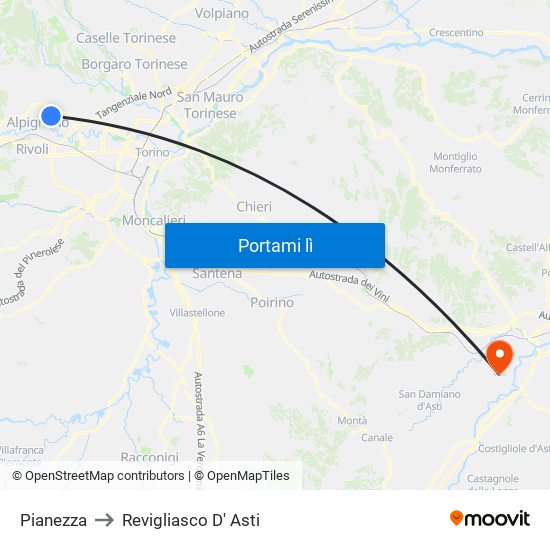 Pianezza to Revigliasco D' Asti map