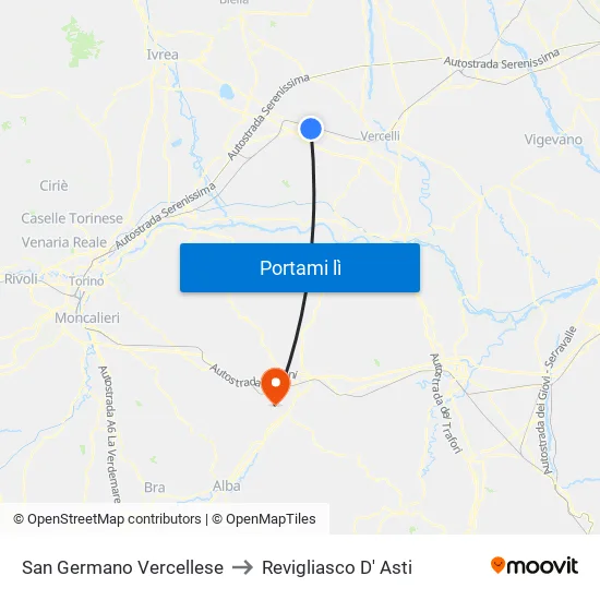 San Germano Vercellese to Revigliasco D' Asti map