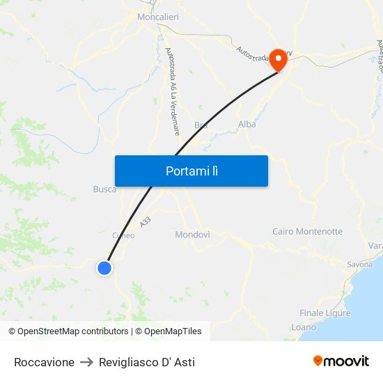 Roccavione to Revigliasco D' Asti map