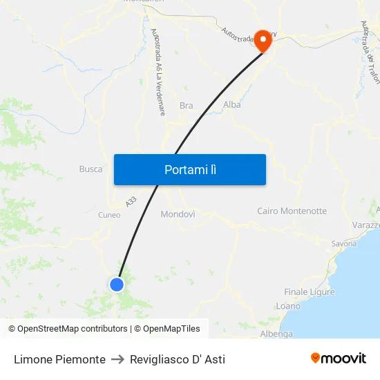 Limone Piemonte to Revigliasco D' Asti map