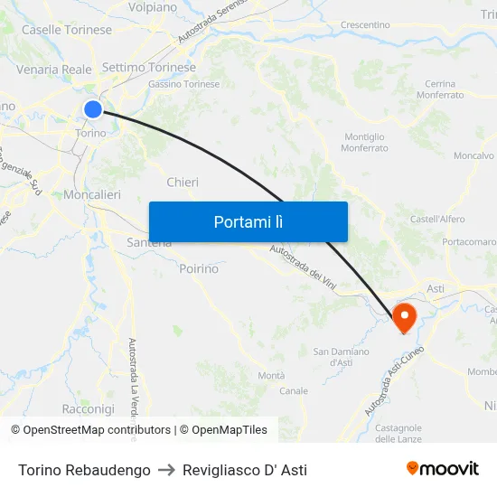 Torino Rebaudengo to Revigliasco D' Asti map