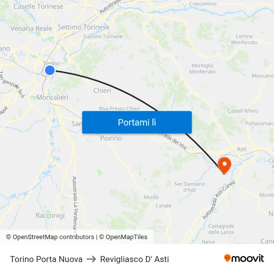 Torino Porta Nuova to Revigliasco D' Asti map