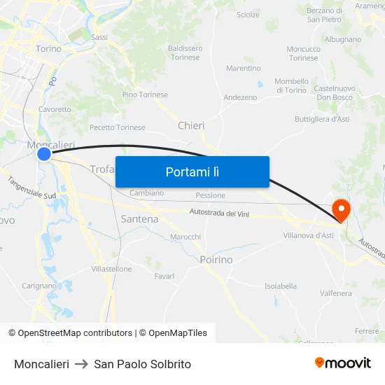 Moncalieri to San Paolo Solbrito map