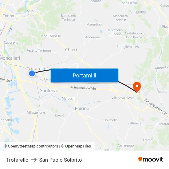 Trofarello to San Paolo Solbrito map