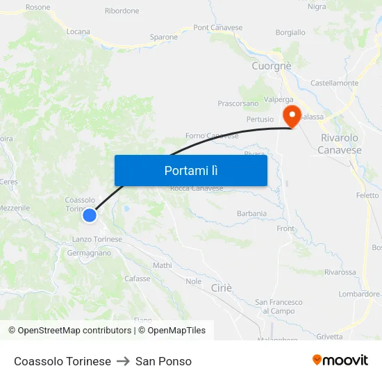 Coassolo Torinese to San Ponso map