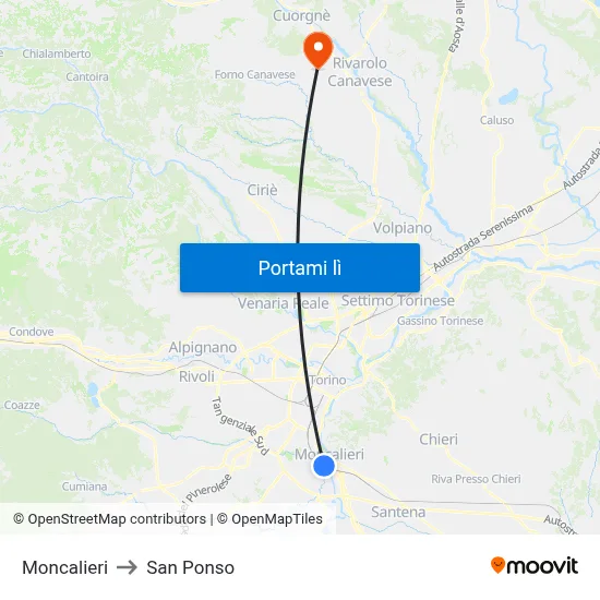 Moncalieri to San Ponso map