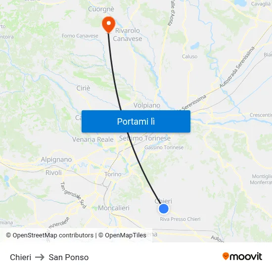 Chieri to San Ponso map