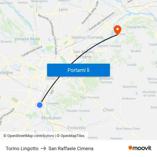 Torino Lingotto to San Raffaele Cimena map