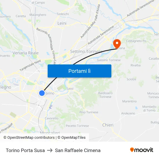 Torino Porta Susa to San Raffaele Cimena map
