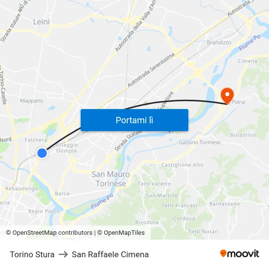 Torino Stura to San Raffaele Cimena map