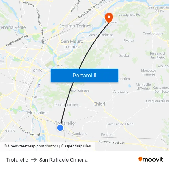 Trofarello to San Raffaele Cimena map
