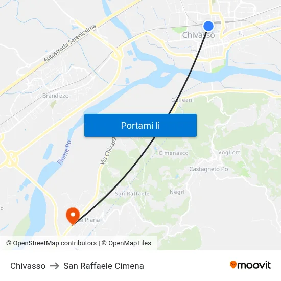 Chivasso to San Raffaele Cimena map