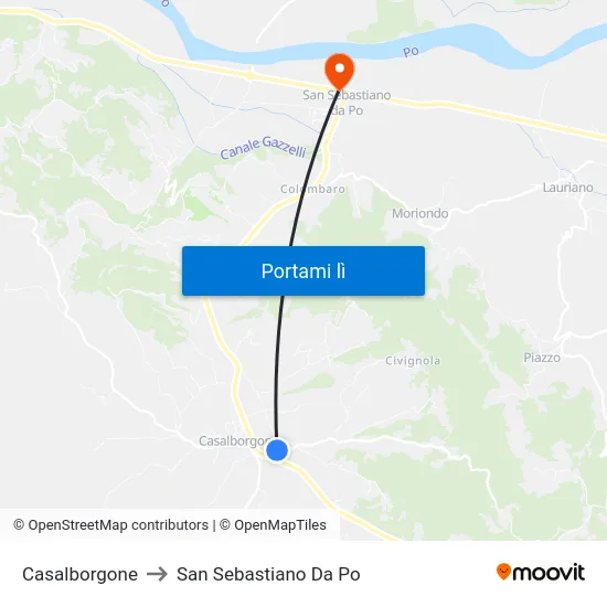 Casalborgone to San Sebastiano Da Po map