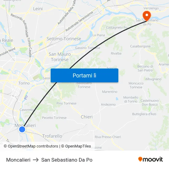 Moncalieri to San Sebastiano Da Po map